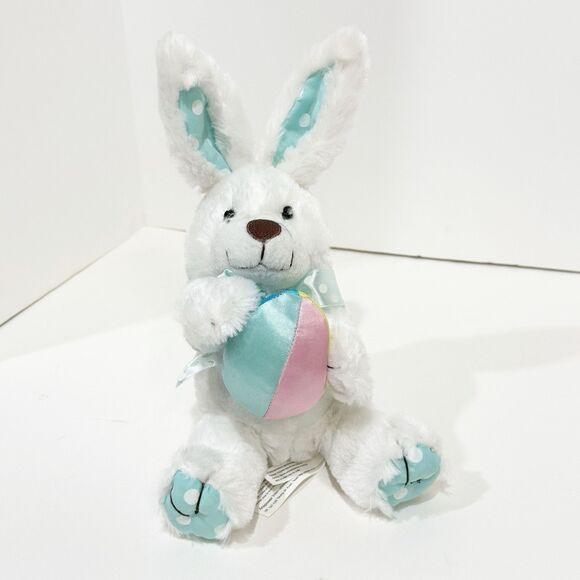 Unbranded Other - 11” White Easter Bunny w Blue and White Poka Dot Ears /bow - NWOT